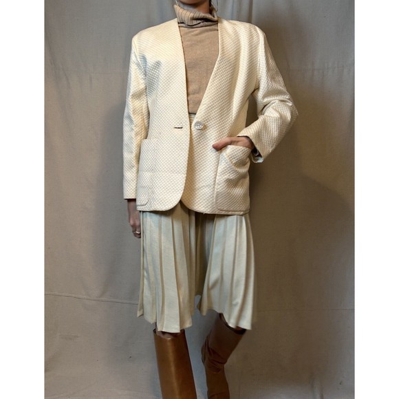 Vintage Perry Ellis Women's Beige Blazer Jacket, Size 8 Checkered - Picture 2 of 12